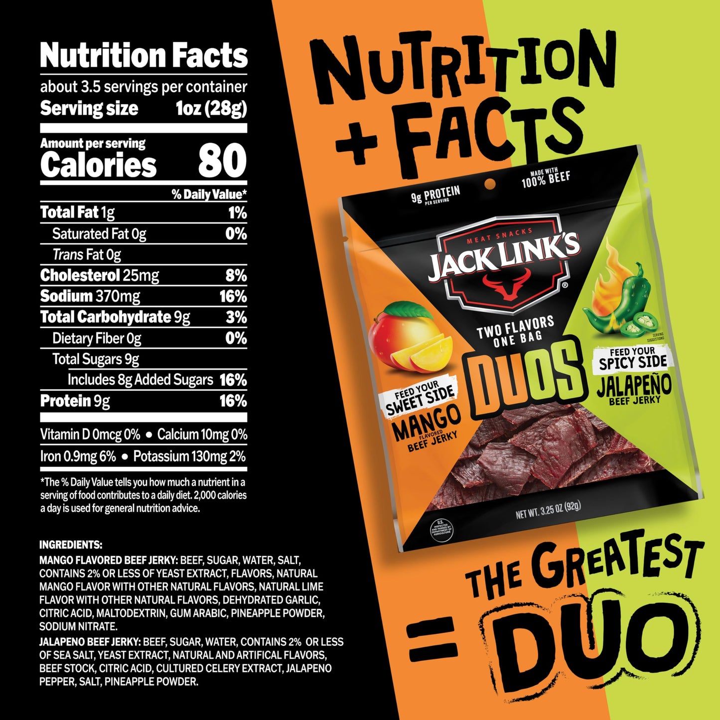 Jack Link s DUOs Jalapeo and Mango Beef Jerky  Shareable Under 100 Calories Snack Packs with 9g of Protein  Bulk Pack of Individual Bags of Meat Snacks - 3.25oz (4 Count)