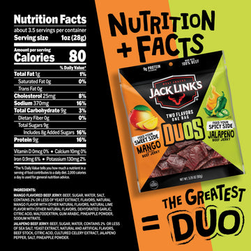 Jack Link s DUOs Jalapeo and Mango Beef Jerky  Shareable Under 100 Calories Snack Packs with 9g of Protein  Bulk Pack of Individual Bags of Meat Snacks - 3.25oz (4 Count)