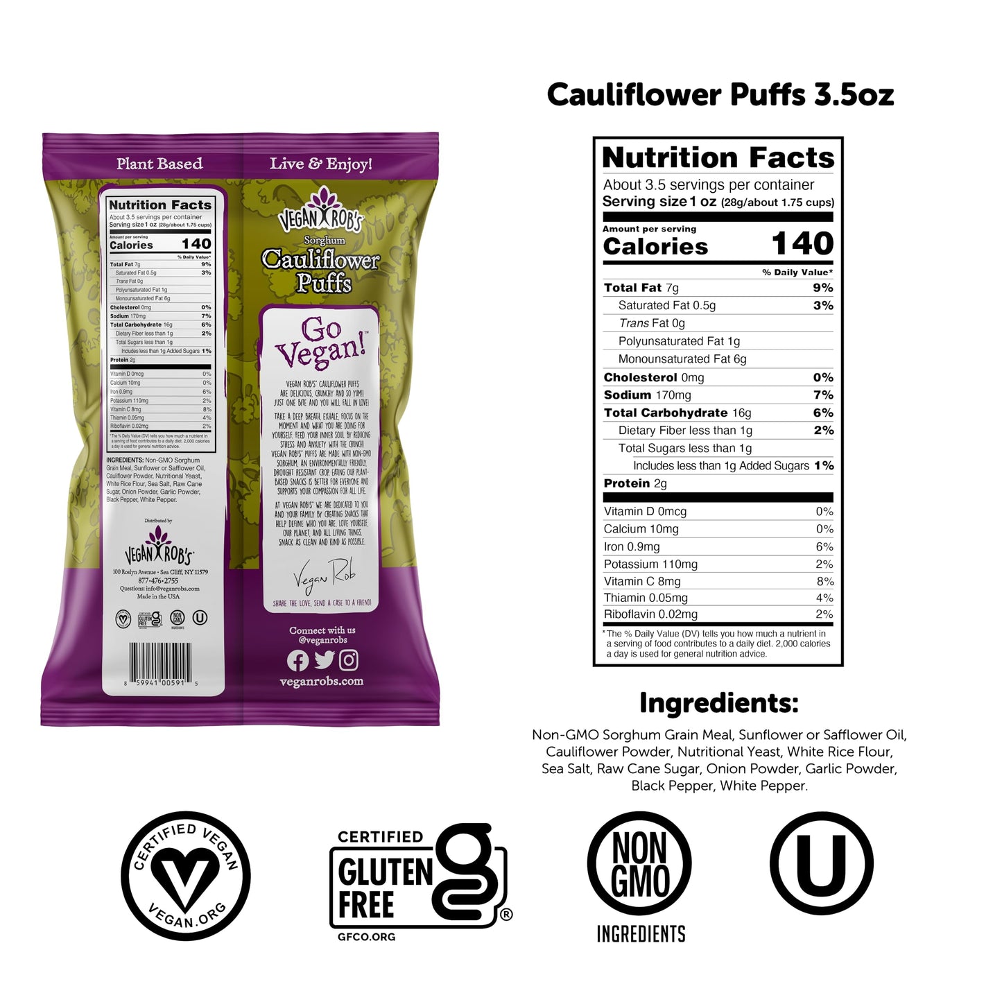 Vegan Robs Cauliflower Puffs Clean & Sustainable with a Great Veggie Taste - Plant-Based & Gluten Free Healthy Snacks for Kids