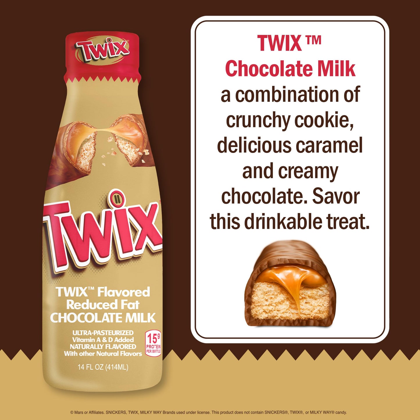 Twix Chocolate Milk - Packed with the flavors of crunchy cookie, delicious caramel and creamy chocolate. Pack of 12, 14 oz Bottl