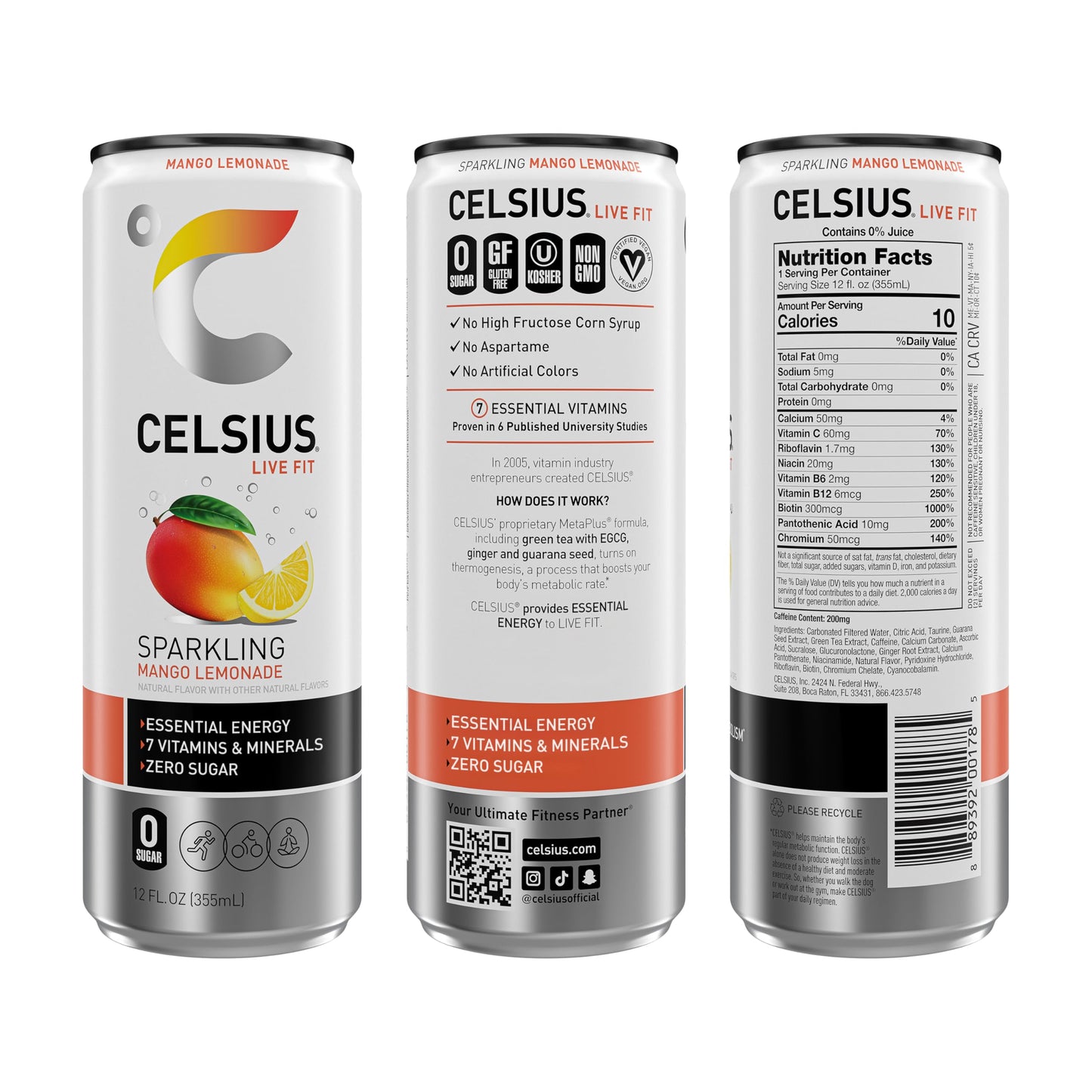 Celsius Sparkling Mango Lemonade, Functional Energy Drink 12 Fl Oz (Pack Of 12)