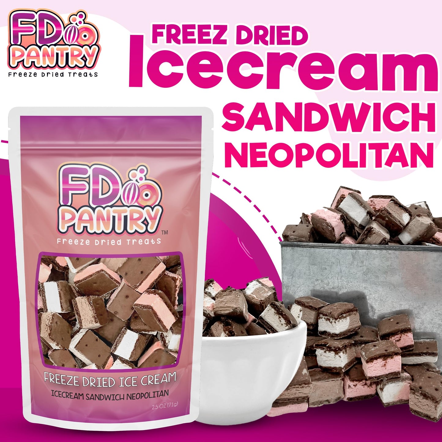 Freeze Dried Ice Cream Sandwich Bites - Neapolitan - Crunchy & Sweet Snack 2.5Oz Freeze-Dried Ice-Cream Pack Dehydrated Resealab
