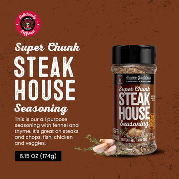 Sauce Goddess Super Chunk Steakhouse Spice Shaker - Gluten-Free, Vegan BBQ Rub - 6.15 oz