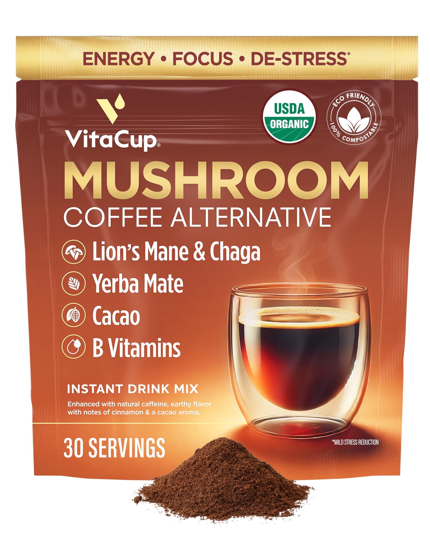 VitaCup Mushroom Coffee Alternative Instant Drink Mix, Lion’s Mane & Chaga, 30 Count