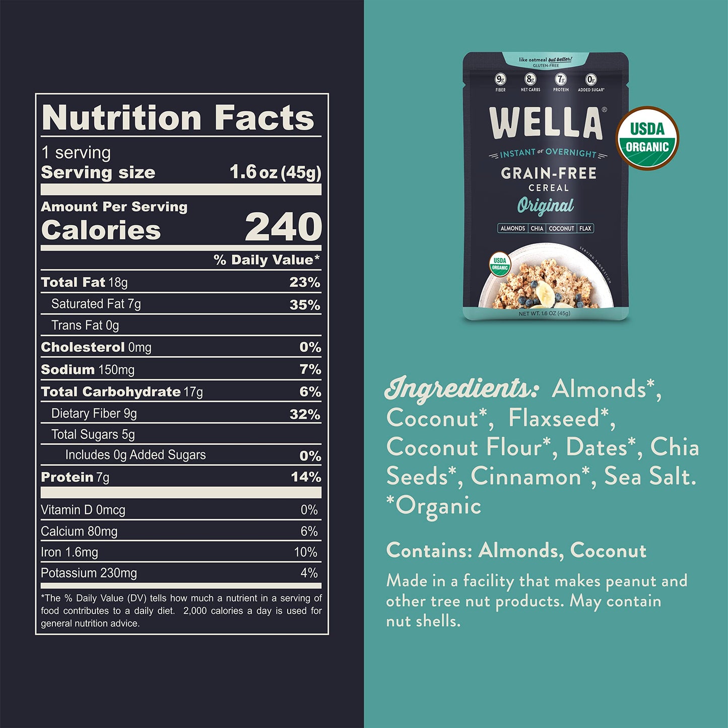Wella Cereal Oatmeal Alternative, Gluten-Free Breakfast Hot Cereal, Grain-Free Paleo Organic Vegan High Protein Superfood, Plant