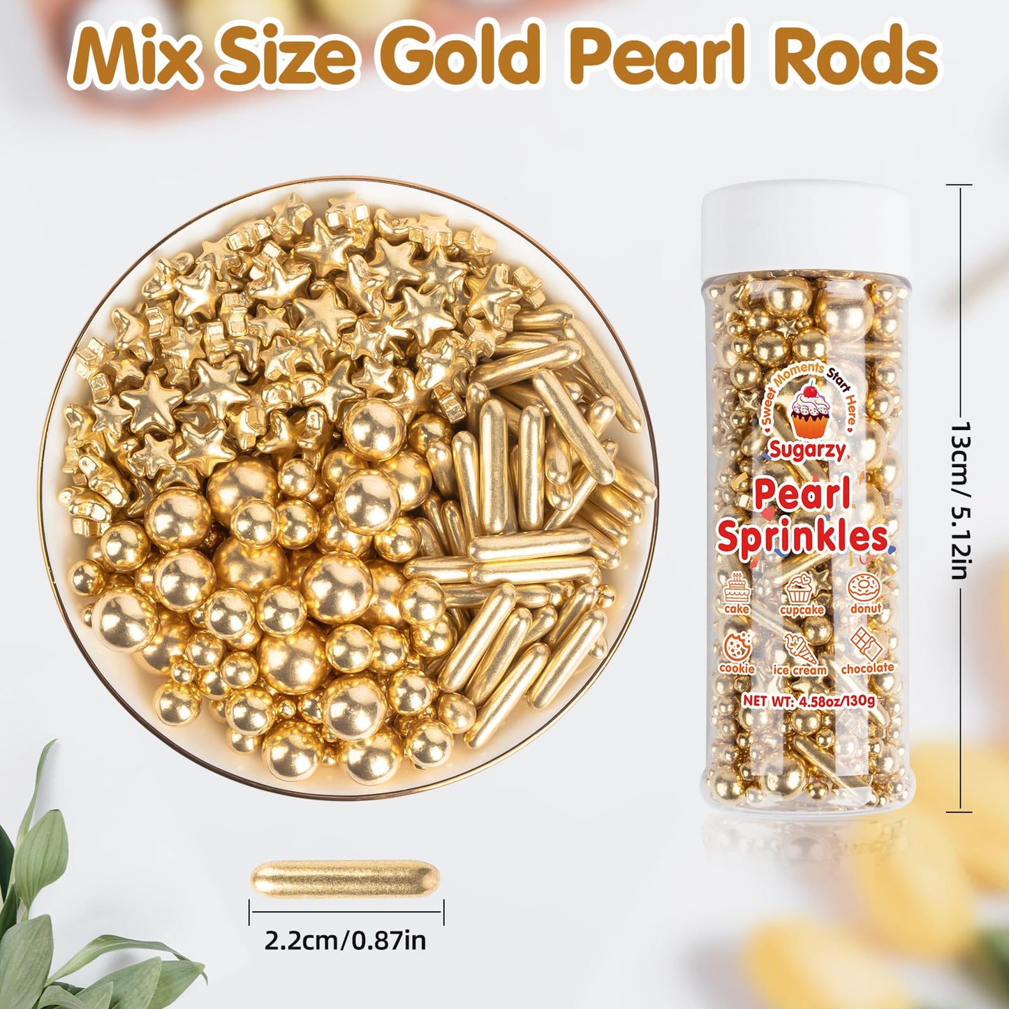 Sugarzy Edible Pearl Sprinkles, Gold Pearl Star Rods, 130g Baking Decorations for Cakes, Cupcakes, Cookies, and Ice Cream
