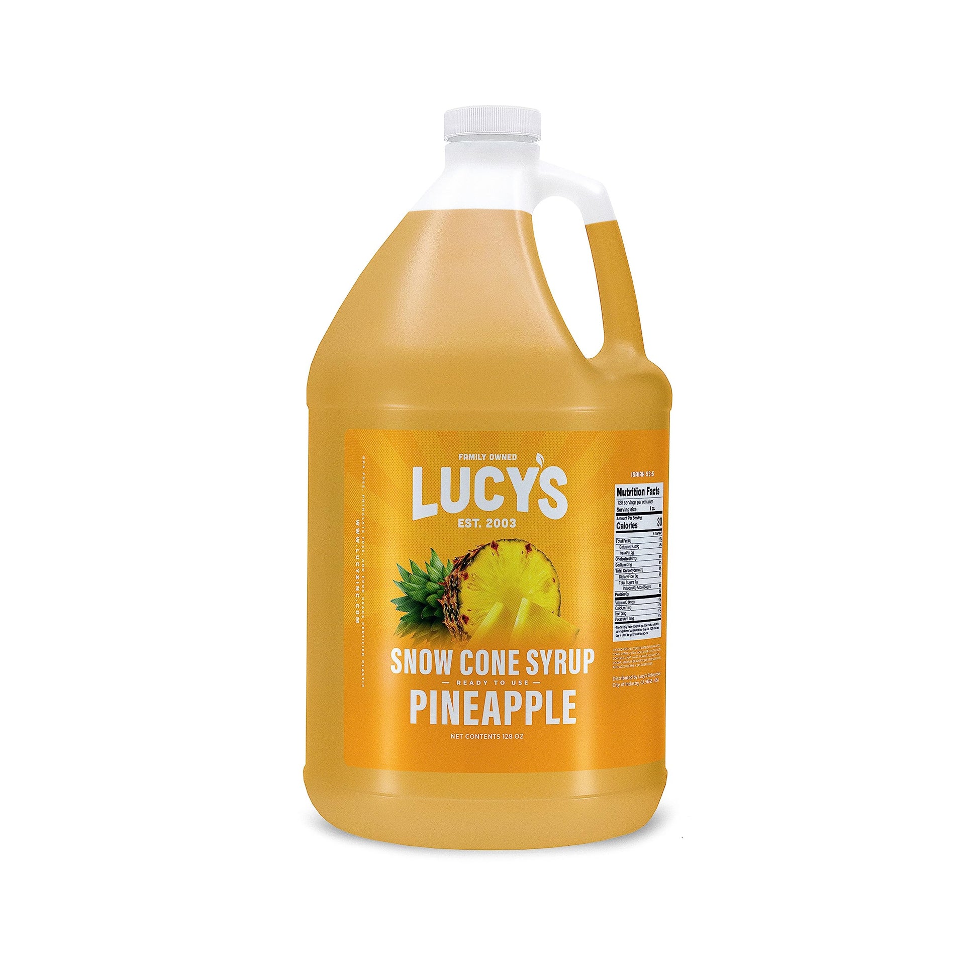 Lucys Shaved Ice Snow Cone Syrup, Pineapple, 128 Fl Oz (1 Gallon)