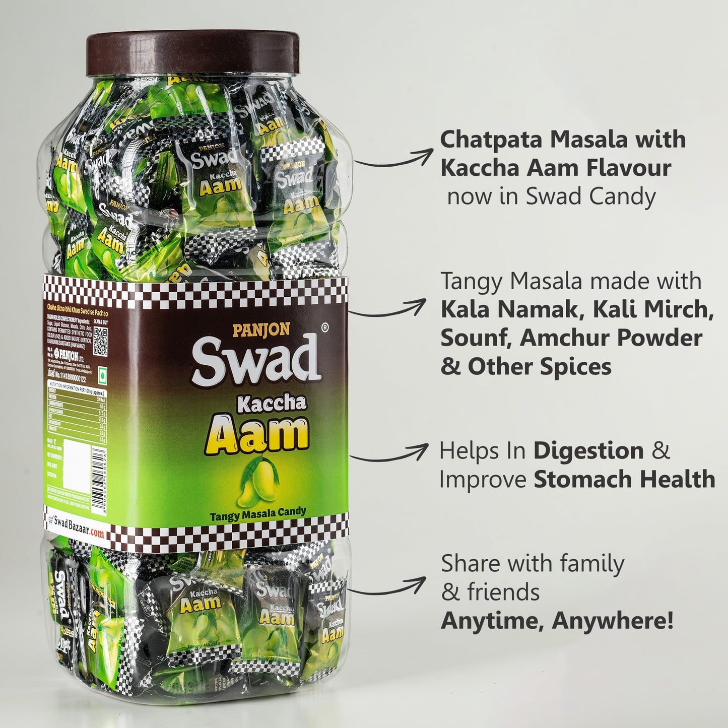 Swad Kaccha Aam Tangy Masala Candy Jar 150 Count Raw Mango Flavor Indian Chatpati Candy Mouth Freshener Sweet Spicy Hard Candy Desi Snack Travel Friendly For Kids Mature-Themeds