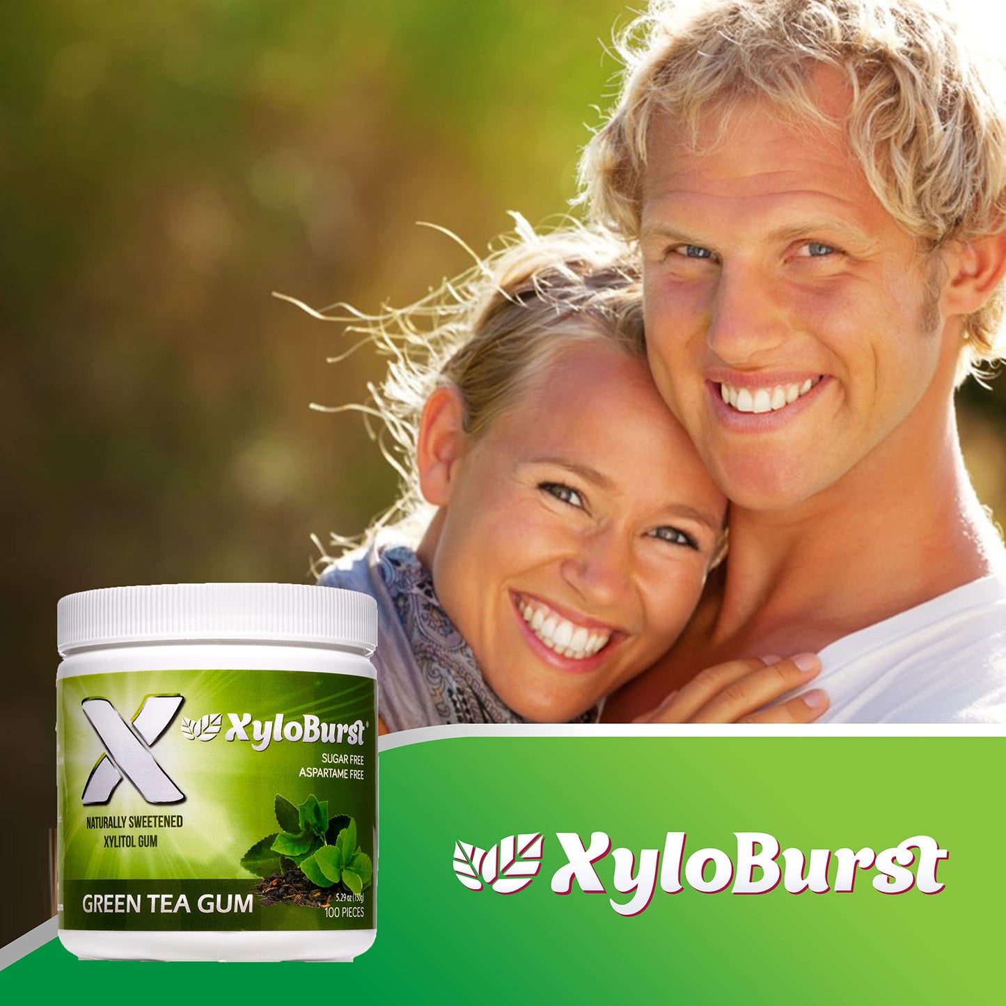 Xyloburst Green Tea Gum - Sugar-Free Natural Xylitol Teeth Cleaning Chewing Gum -100 Count Jar - Non Gmo, Vegan, Aspartame Free,