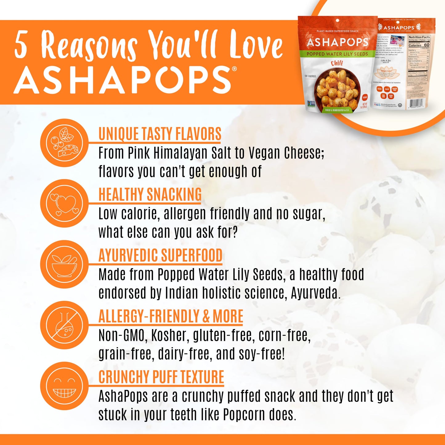 AshaPops Chili Flavored Popped Water Lily Seeds - Gluten-Free, Vegan, Paleo, Nut-Free, Corn-Free, Soy-Free, Non-GMO, Delicious P