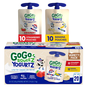 GoGo SqueeZ YogurtZ Variety Pack, 3 oz (Pack of 20), Strawberry & Banana, Gluten Free, BPA Free Pouches