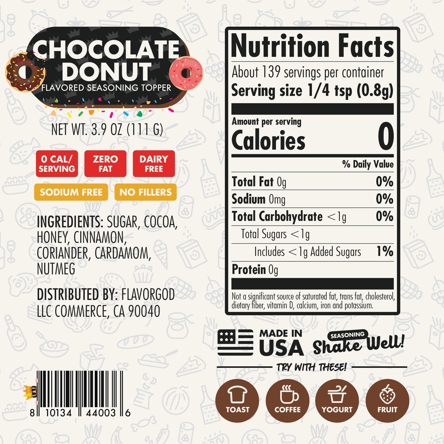 Chocolate Donut Topper Seasoning Mix by Flavor God - Zero Calorie Seasoning for Ice Cream, Donuts, Coffee, Cookies, Popcorn, Pan