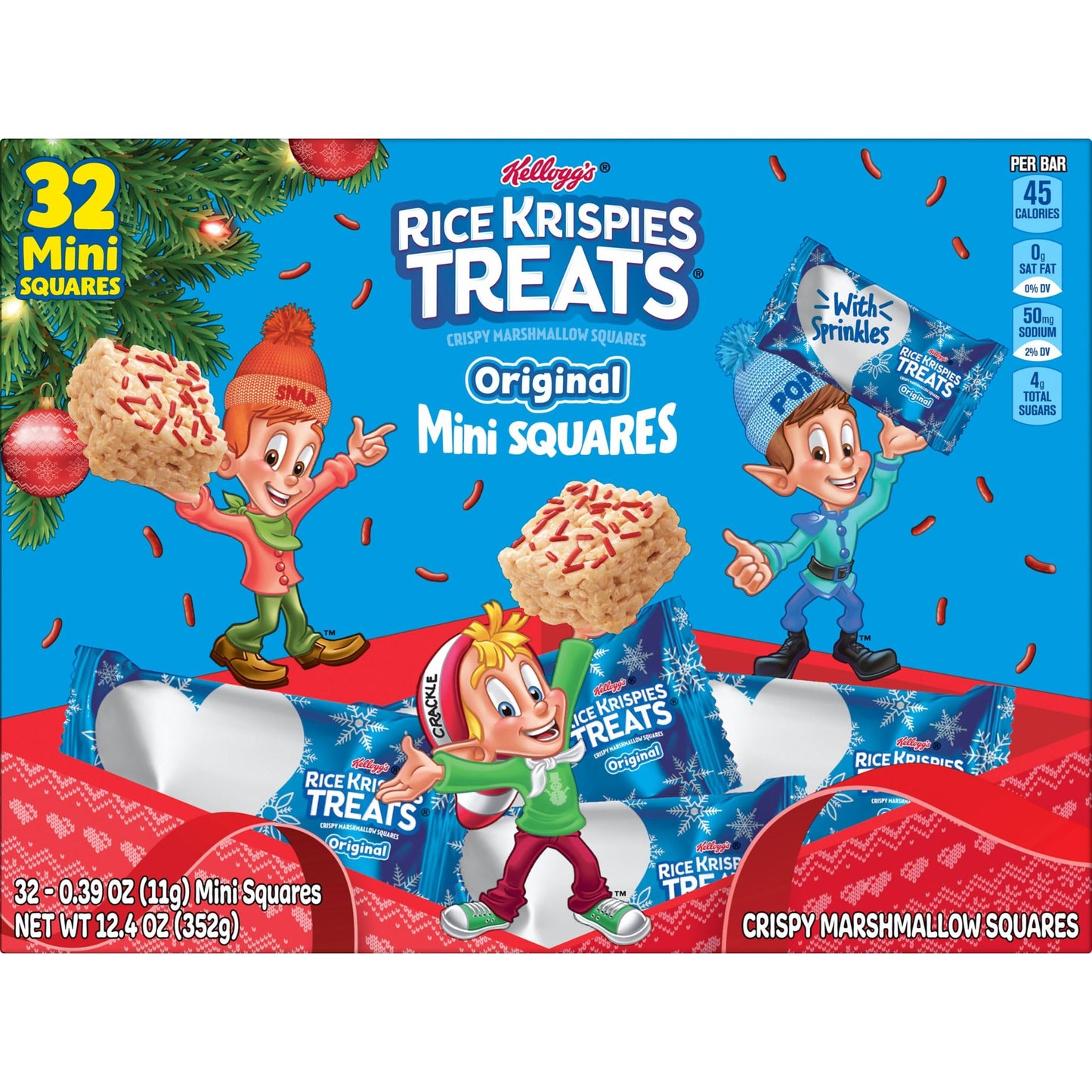 Rice Krispies Treats Mini Marshmallow Cereal Bars, Holiday Snacks, Snack Bars, Original with Holiday Sprinkles, 12.4oz Box (32 B