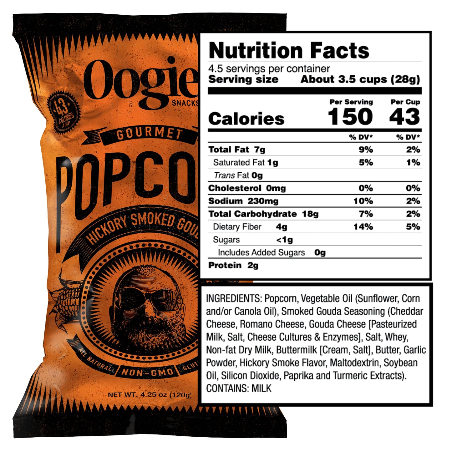 Oogies Gourmet Popcorn 4 Pack Hickory Smoked Gouda Gluten Free 4.25 Ounce Big Bag