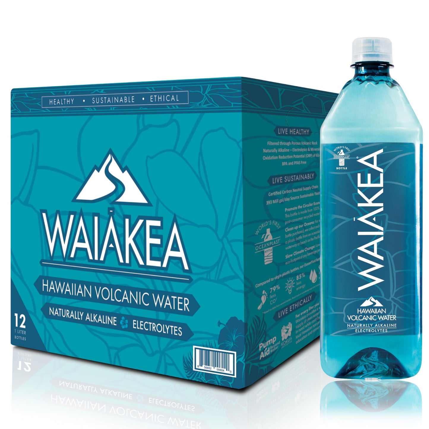 Waiakea Hawaiian Volcanic Water, Naturally Alkaline, 33.8 Fl Oz, Pack of 12, Model 1001, 100% Recycled Bottle