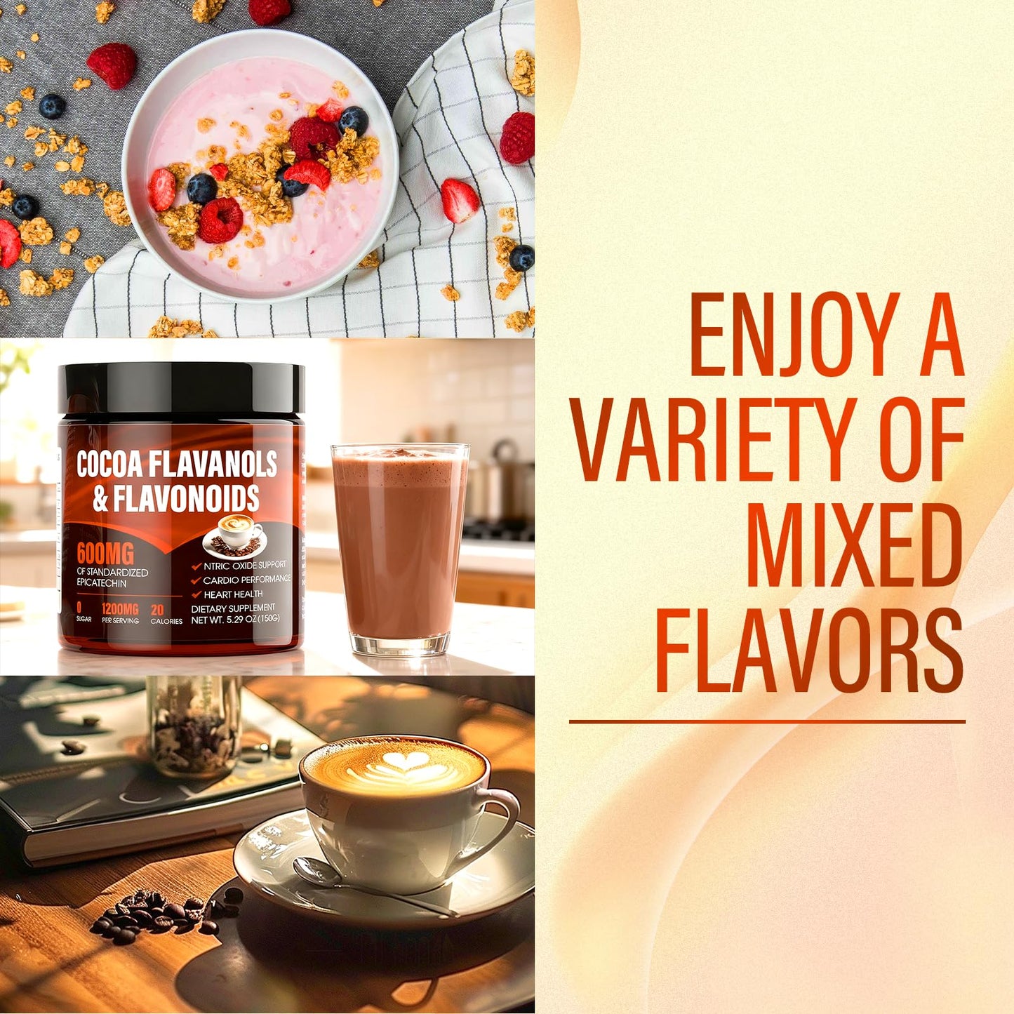 High Flavanol Cocoa Powder - 1200mg Cocoa Flavanols per Serving with 600mg Epicatechin & Natural Flavonoids - Supports Heart Hea