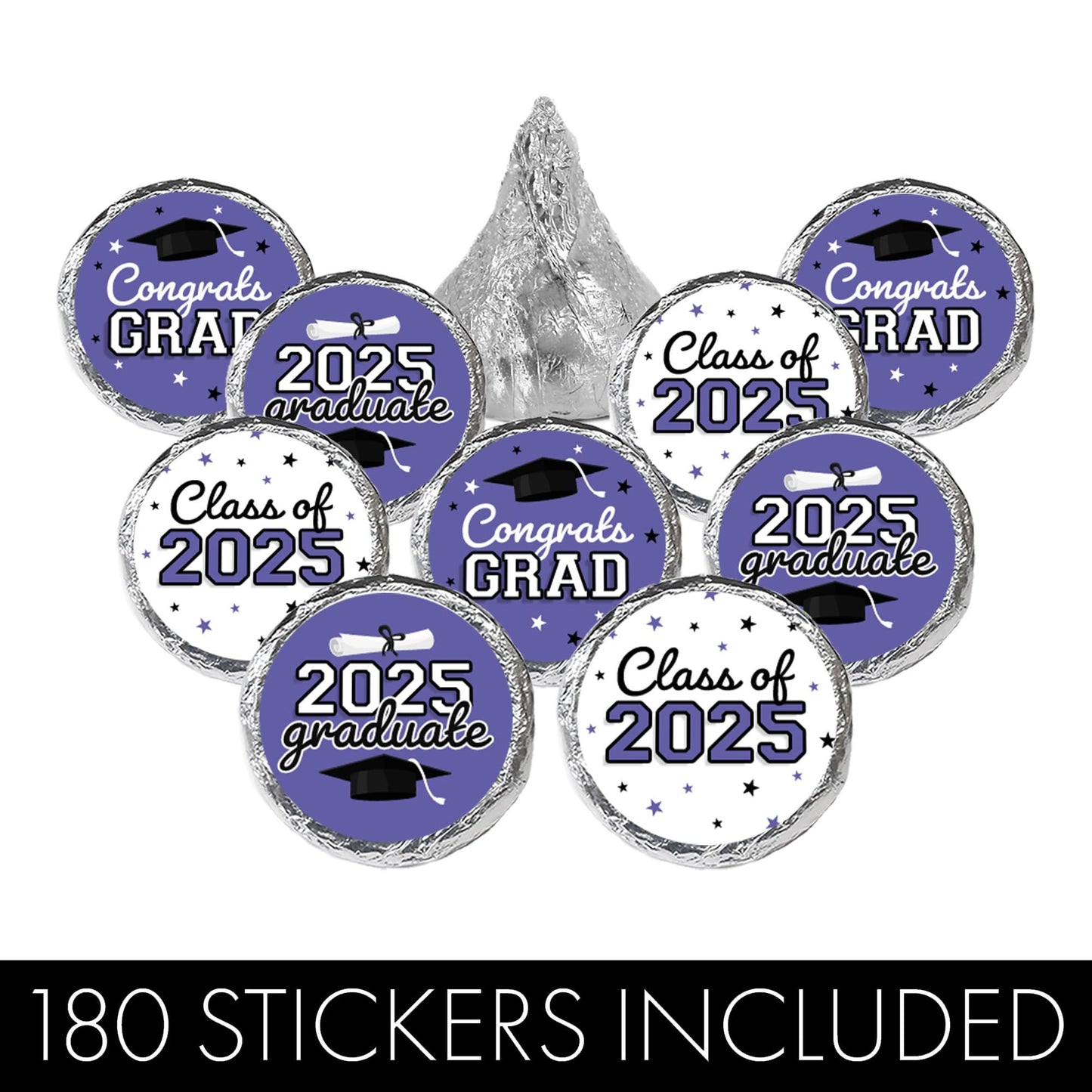 Purple Graduation Party Stickers For Kisses Candy, Chocolate Drops, 2025 Grad Party Favors - 180 Count