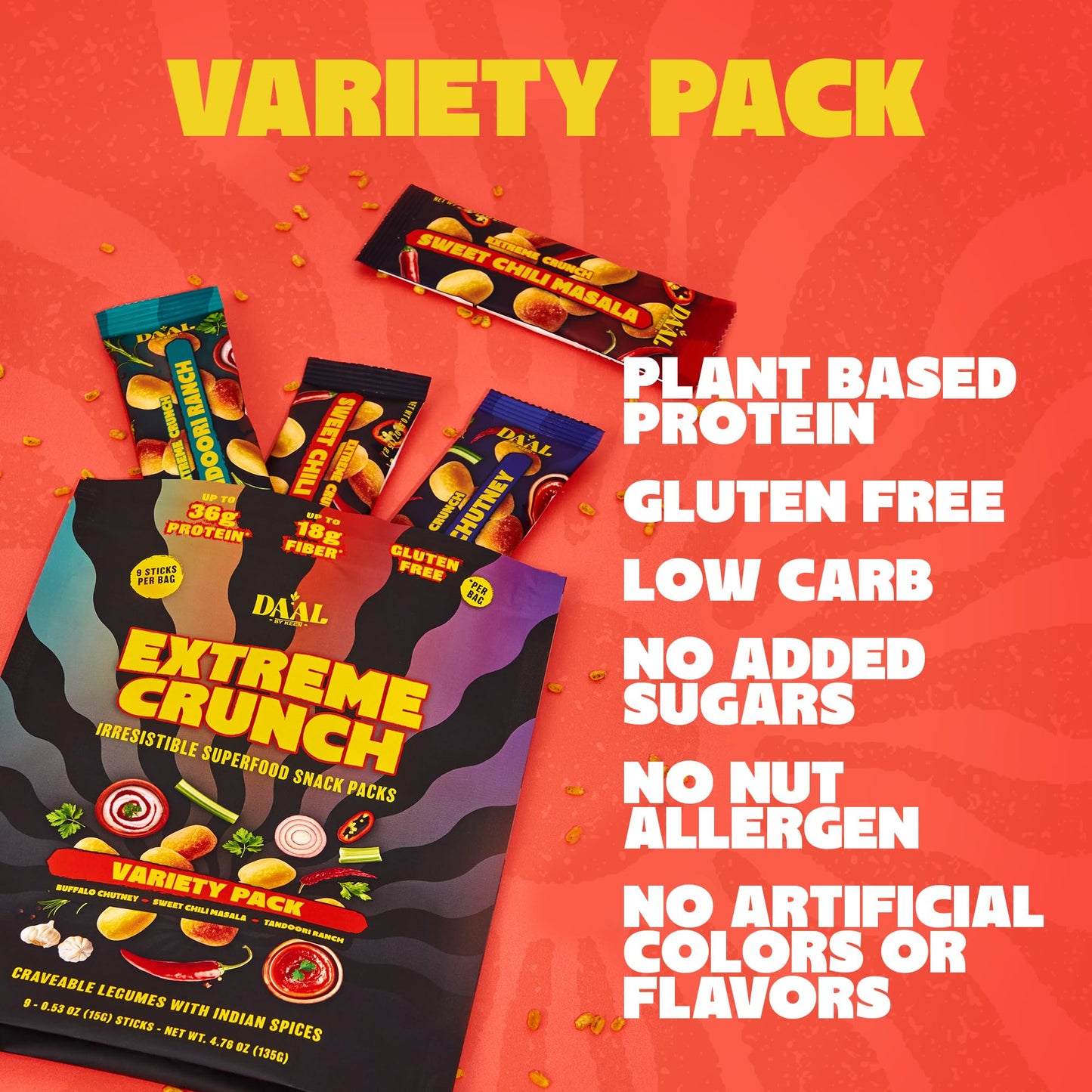 Daal By Keen Crunchy Mung Bean Snacks - Variety Pack - Plant-Based Protein, High Fiber, Gluten Free & Nut-Free - Mix into Salads