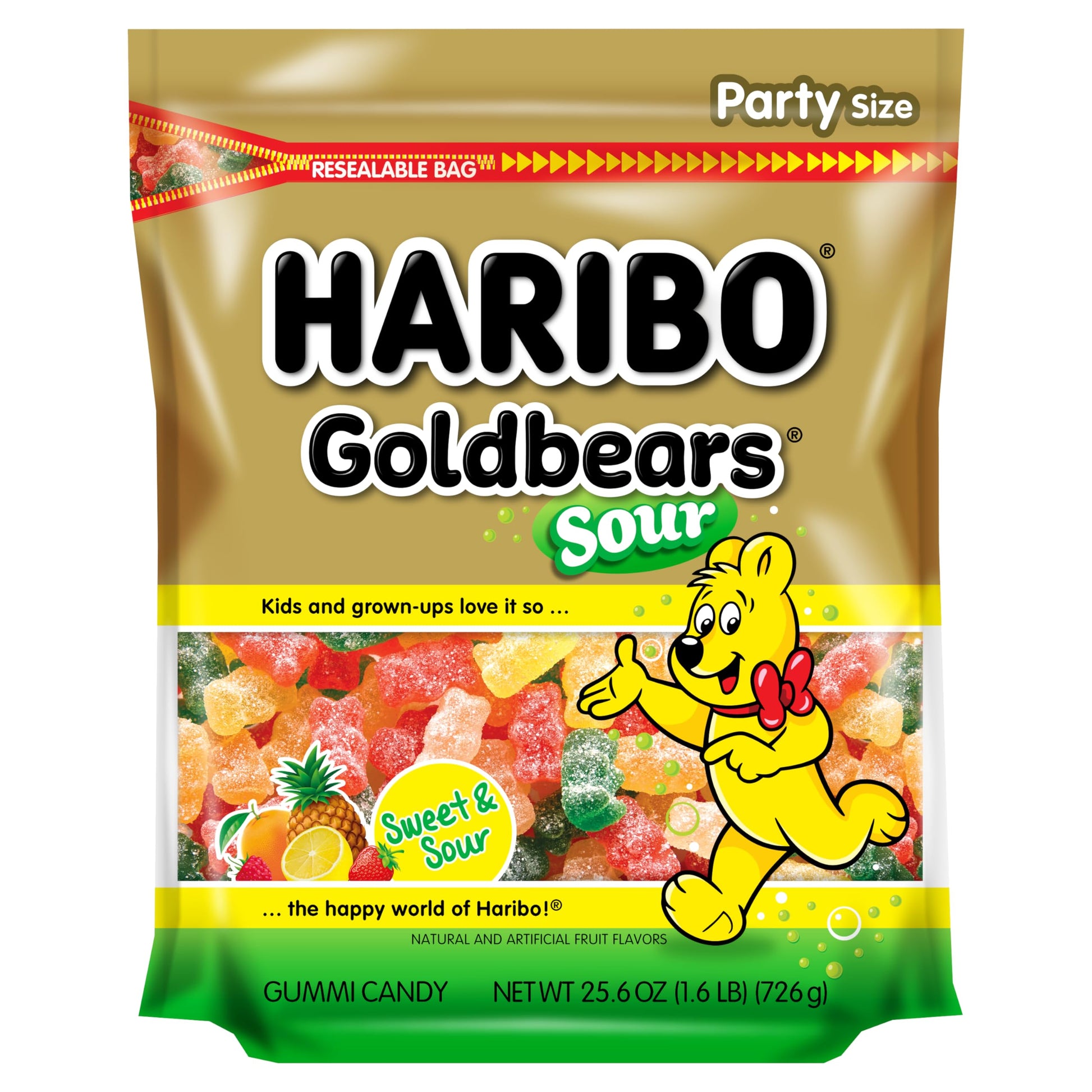 Haribo Gummi Candy, Sweet & Sour Goldbears, Gummy Bears With A Twist, 25.6 Ounce Resealable Party Size Bag, Delicious Soft And Chewy Snacks, Assorted Fruity Flavors