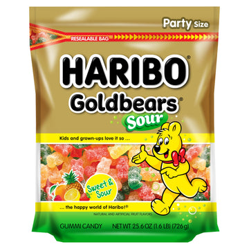Haribo Gummi Candy, Sweet & Sour Goldbears, Gummy Bears With A Twist, 25.6 Ounce Resealable Party Size Bag, Delicious Soft And Chewy Snacks, Assorted Fruity Flavors