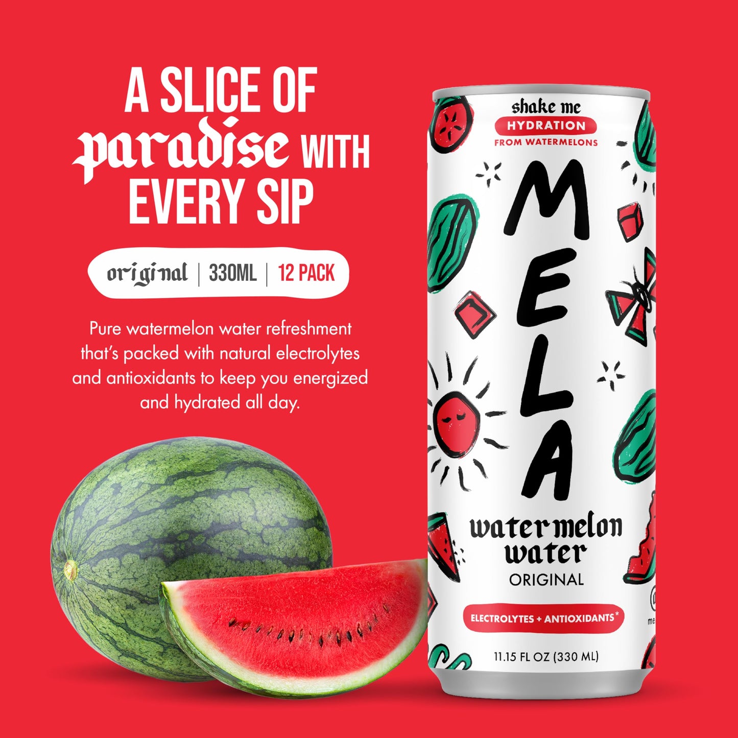 Mela Watermelon Water - Hydrating Juice Drink with Vitamin C, Electrolytes - 11.15 fl oz (Pack of 12) - Non-GMO, Gluten-Free