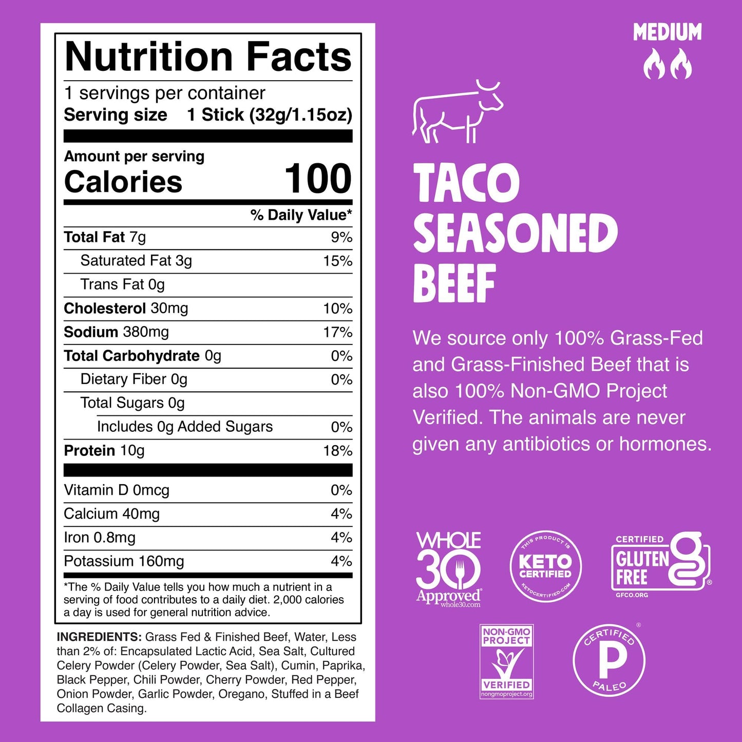 Chomps Taco Beef Jerky Snack Sticks - Grass-Fed, Keto, Gluten-Free, 10g Protein, 10-Pack, 1.15 Ounce