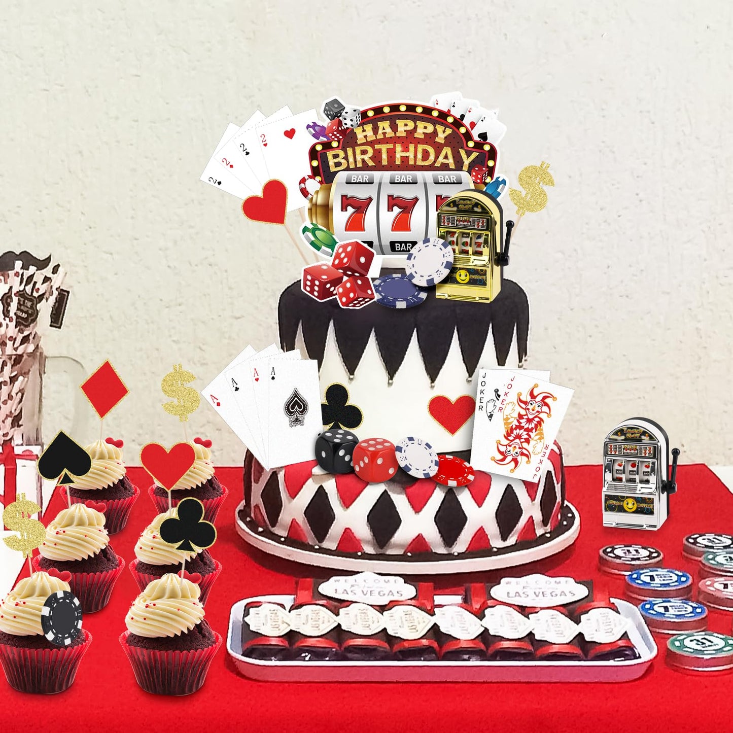 Atiloy  card-style Cake Topper Set - 24 Pieces, Mini Toy Slot Machine, Small, Plastic, Red/Black/White
