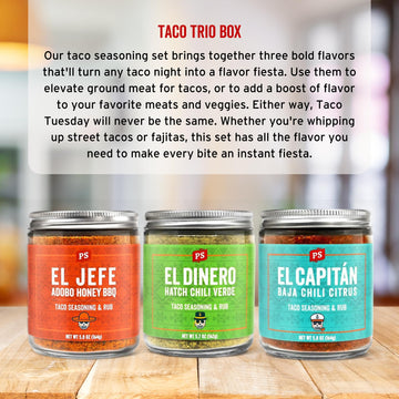 Ps Seasoning Taco Box - El Jefe, El Dinero, El Capitan - Complete Taco Tuesday Seasoning Kit & Bbq Dry Rub Variety Pack - Unique