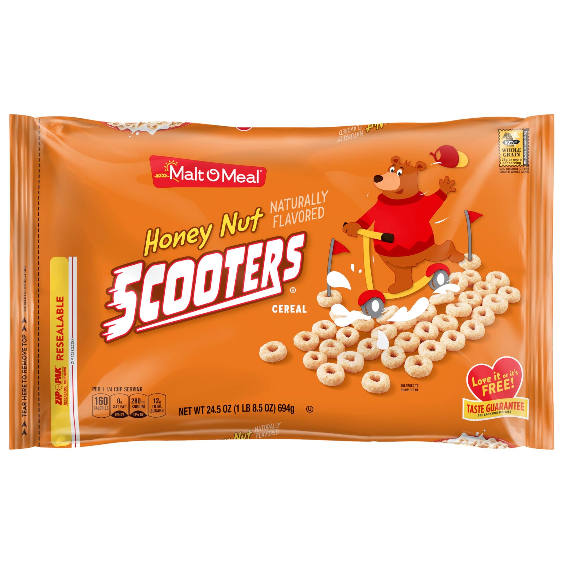 Malt-O-Meal Honey Nut Scooters Breakfast Cereal, Oat Cereal O's with Honey Flavor, Large Cereal for Family, 24.5 OZ Resealable C