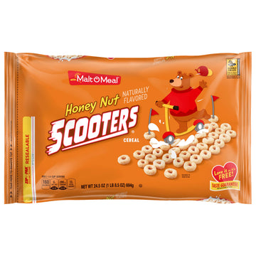 Malt-O-Meal Honey Nut Scooters Breakfast Cereal, Oat Cereal O's with Honey Flavor, Large Cereal for Family, 24.5 OZ Resealable C