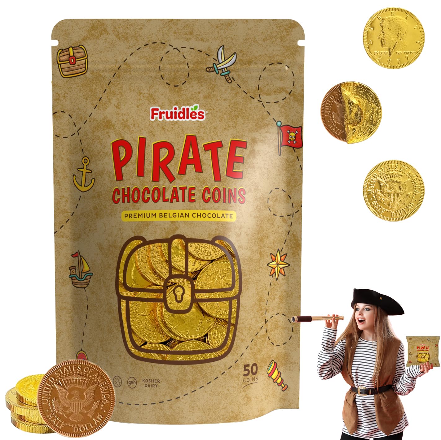 Fruidles Pirate Coins, Kosher Certified, Non-GMO, Pack of 50