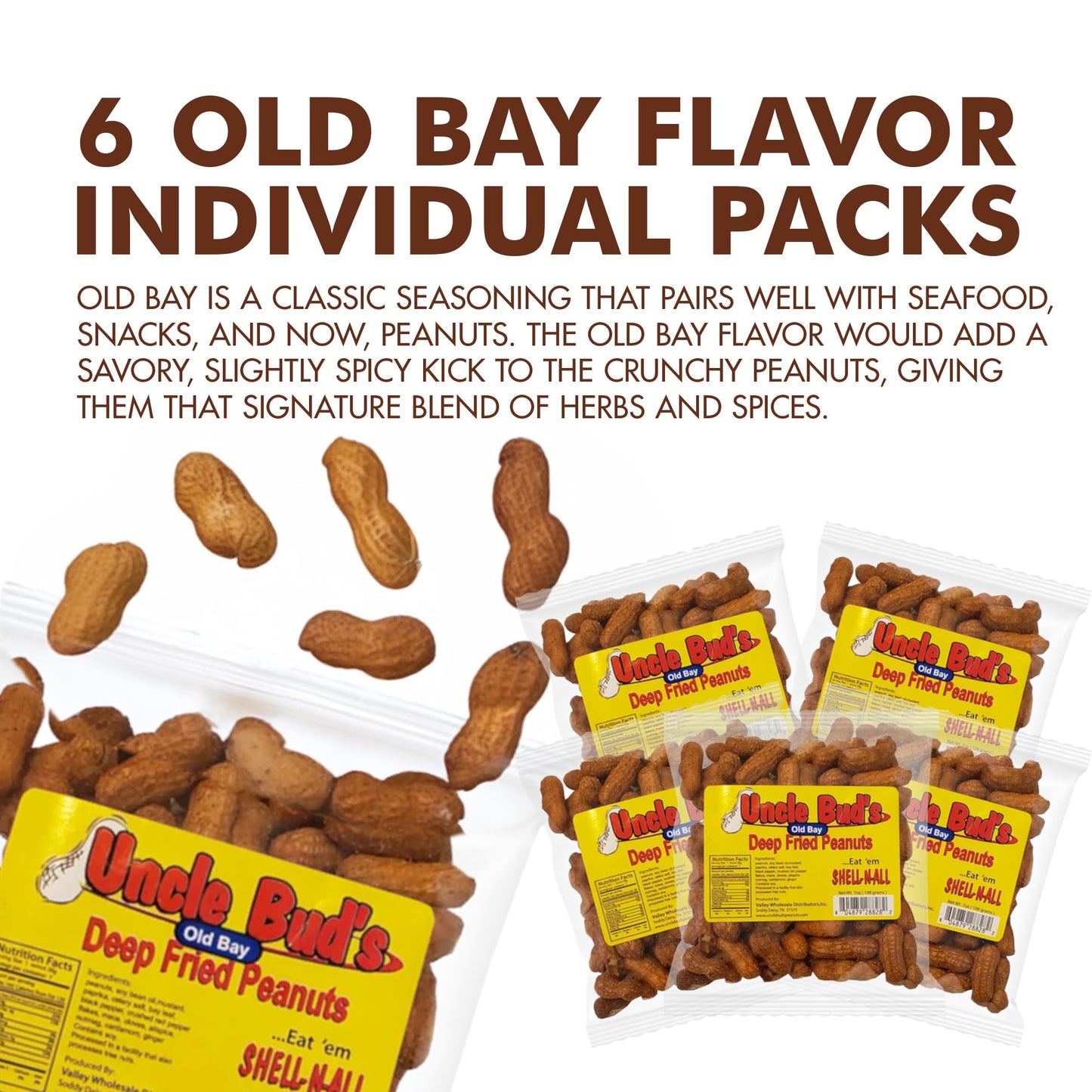 Uncle Bud'S Deep Fried Peanuts In Shell (6-Pack) | Old Bay Seasoning Peanuts, Peanuts Individual Packs, Spicy Peanuts, Nuts Indi