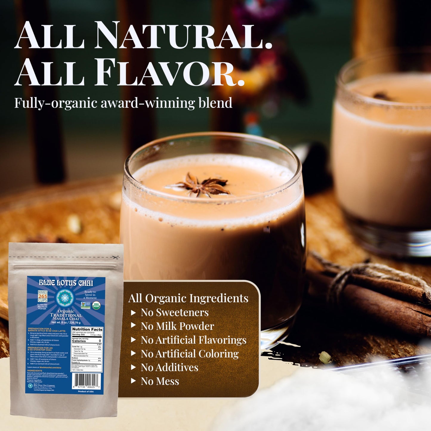 Blue Lotus Chai - Fully Organic Traditional Masala Chai - Makes 265 Cups - Just Add Hot Water, No Steeping, No Gluten - 8 Ounce
