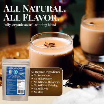Blue Lotus Chai - Fully Organic Traditional Masala Chai - Makes 265 Cups - Just Add Hot Water, No Steeping, No Gluten - 8 Ounce
