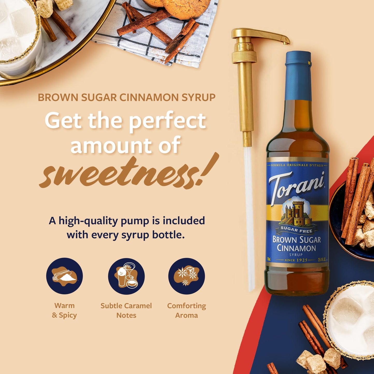Torani Sugar Free Coffee Syrup, Brown Sugar Cinnamon Flavored Syrup For Drinks, Zero Calorie, Pump Included, 25.4 Fl Oz