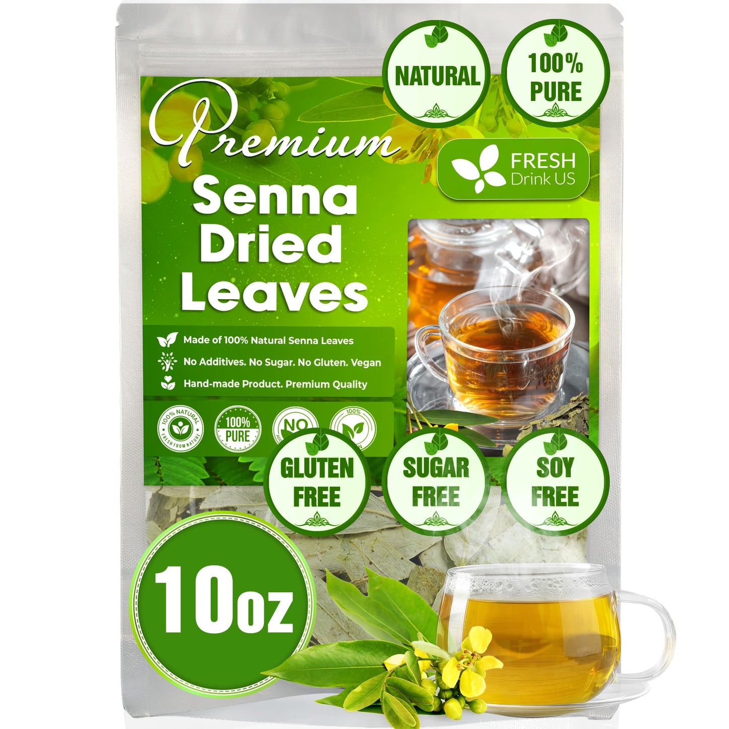 FRESHDRINKUS Senna Leaf Tea, 100% Natural & Pure, Loose Leaf Herbal Tea, 10oz, Vegan, No Additives, No Caffeine
