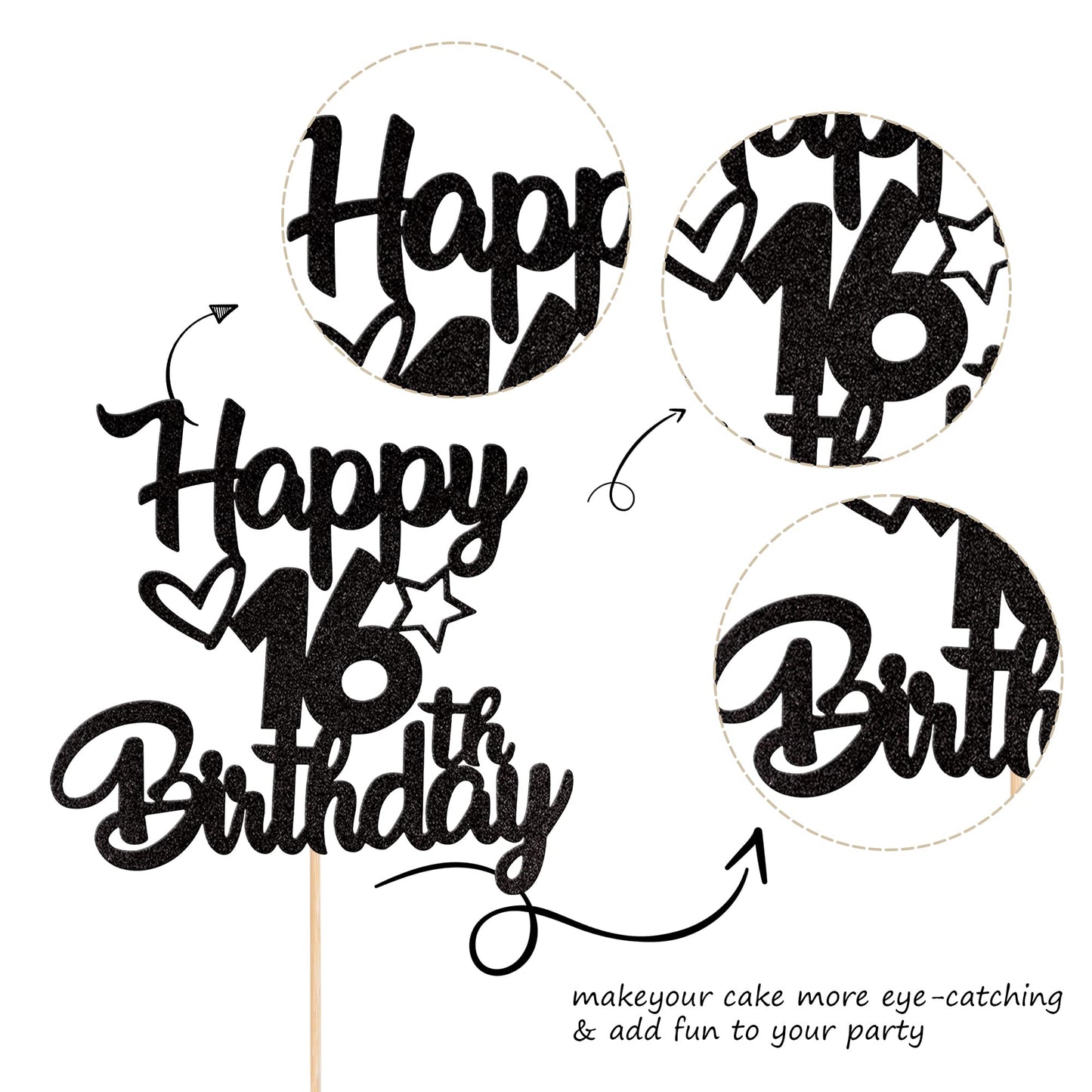 1 Pack Happy 16Th Birthday Cake Topper Glitter Heart Star 16 Fabulous Cake Pick Birthday Sign Cake Decorations For Children 16Th