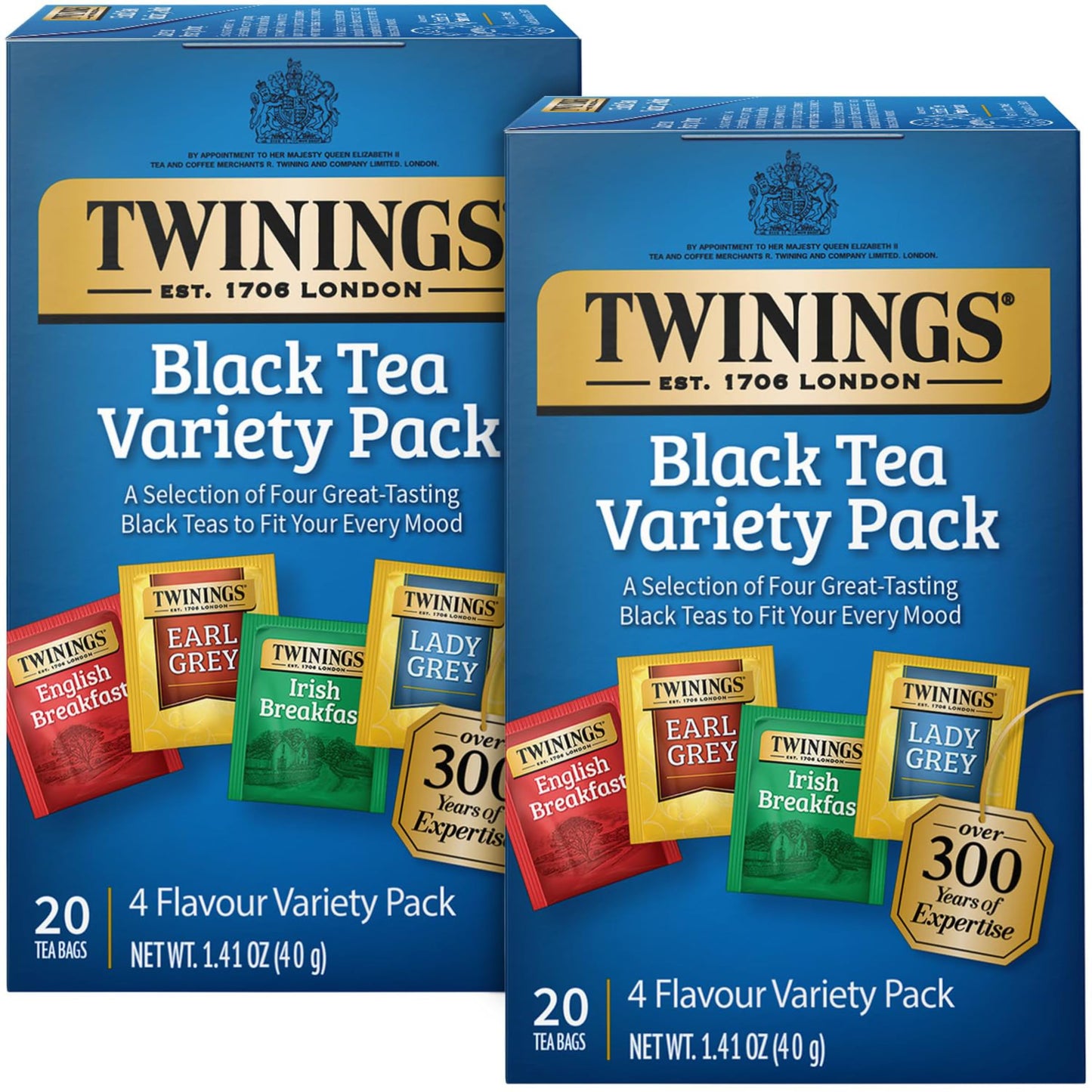 Twinings Black Tea Variety 2-Pack with Earl Grey Tea, English Breakfast Tea, Irish Breakfast Tea, and Lady Grey Tea Bags, Indivi
