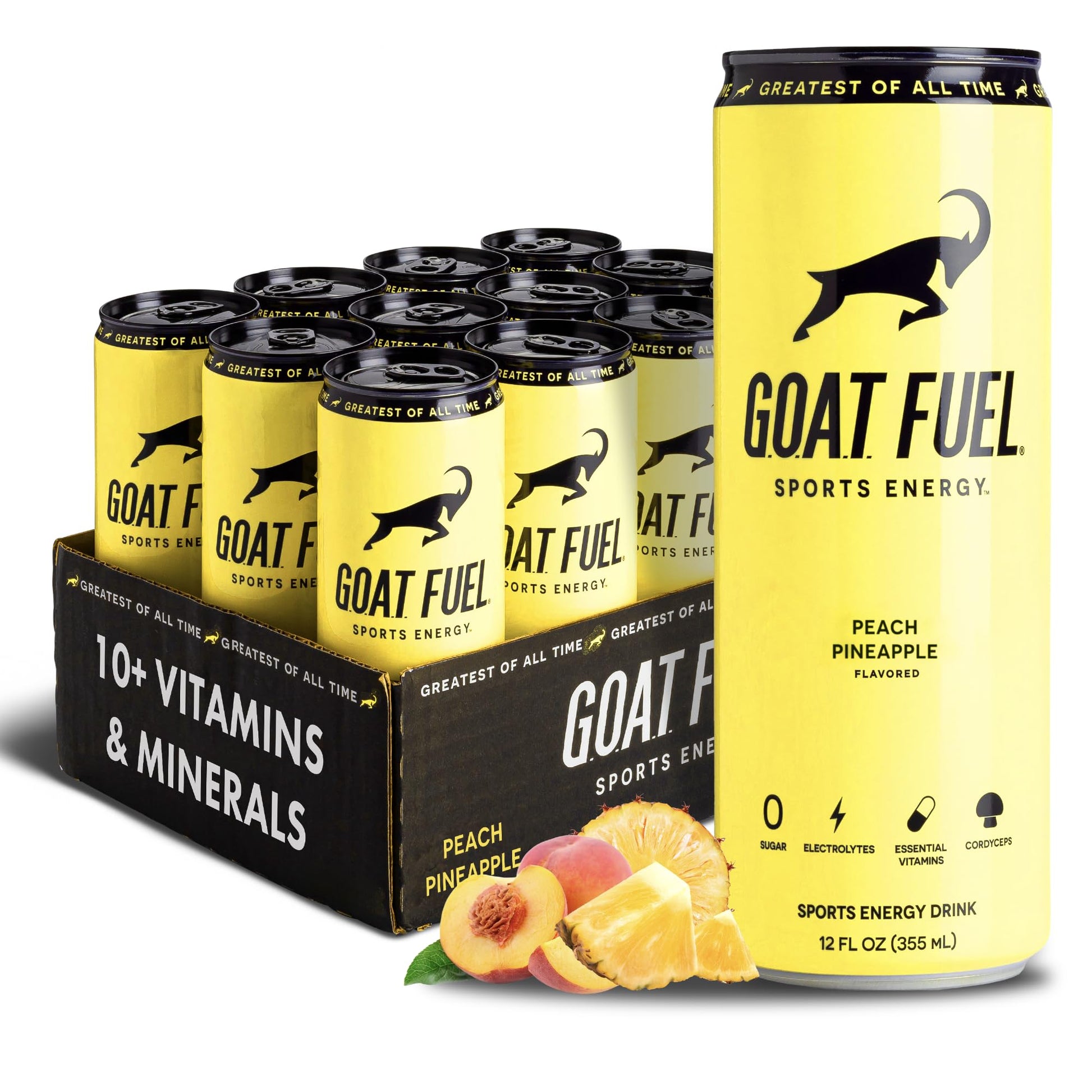 G.O.A.T. Fuel Energy Drink, Natural Caffeine, Electrolytes, BCAAs, 12 Fl Oz, Pack of 12, Peach Pineapple