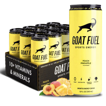 G.O.A.T. Fuel Energy Drink, Natural Caffeine, Electrolytes, BCAAs, 12 Fl Oz, Pack of 12, Peach Pineapple