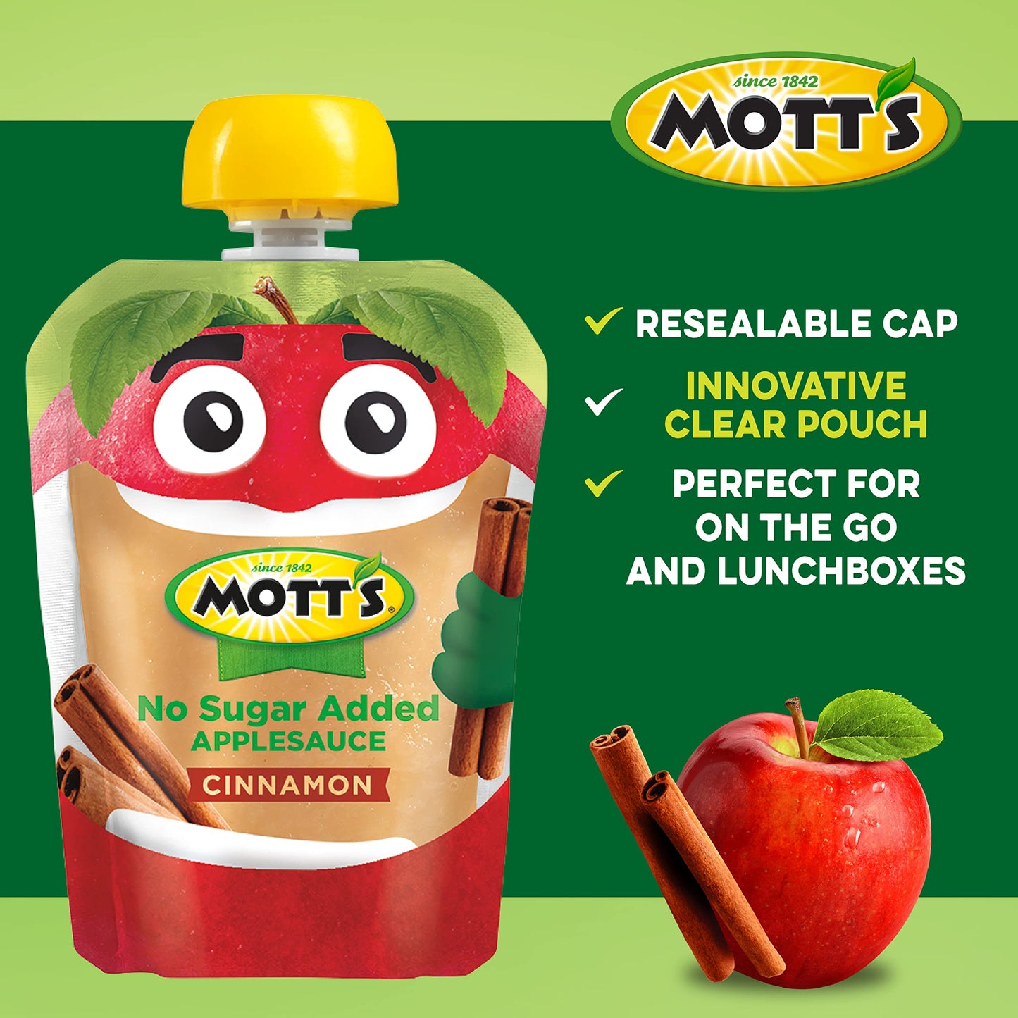 Mott'S No Sugar Added Cinnamon Applesauce, 3.2 Oz Clear Pouches, 48 Count (4 Packs Of 12), Good Source Of Vitamin C, No Artifici