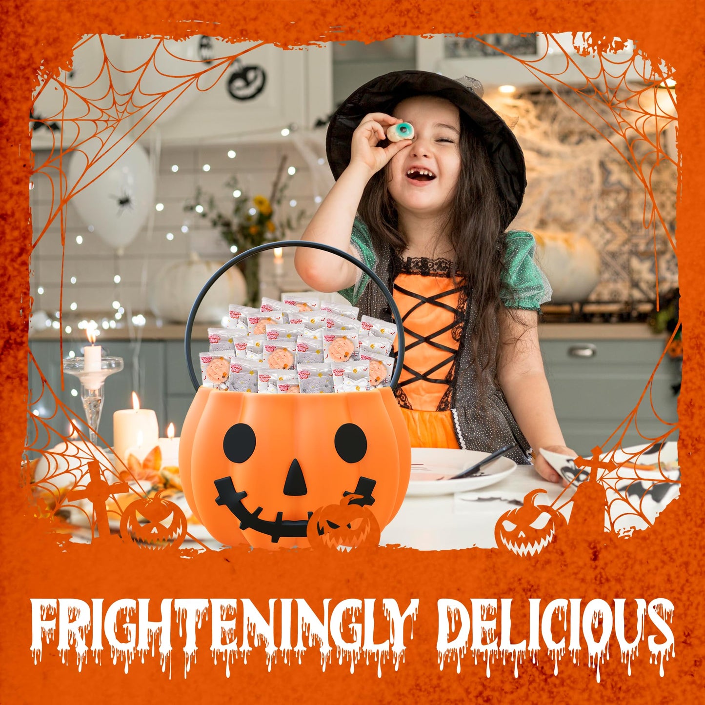 30 Pack Halloween Candy Bracelets - Individually Wrapped Holiday Themed Pumpkin And Skull Bracelets - Trick Or Treat Strawberry