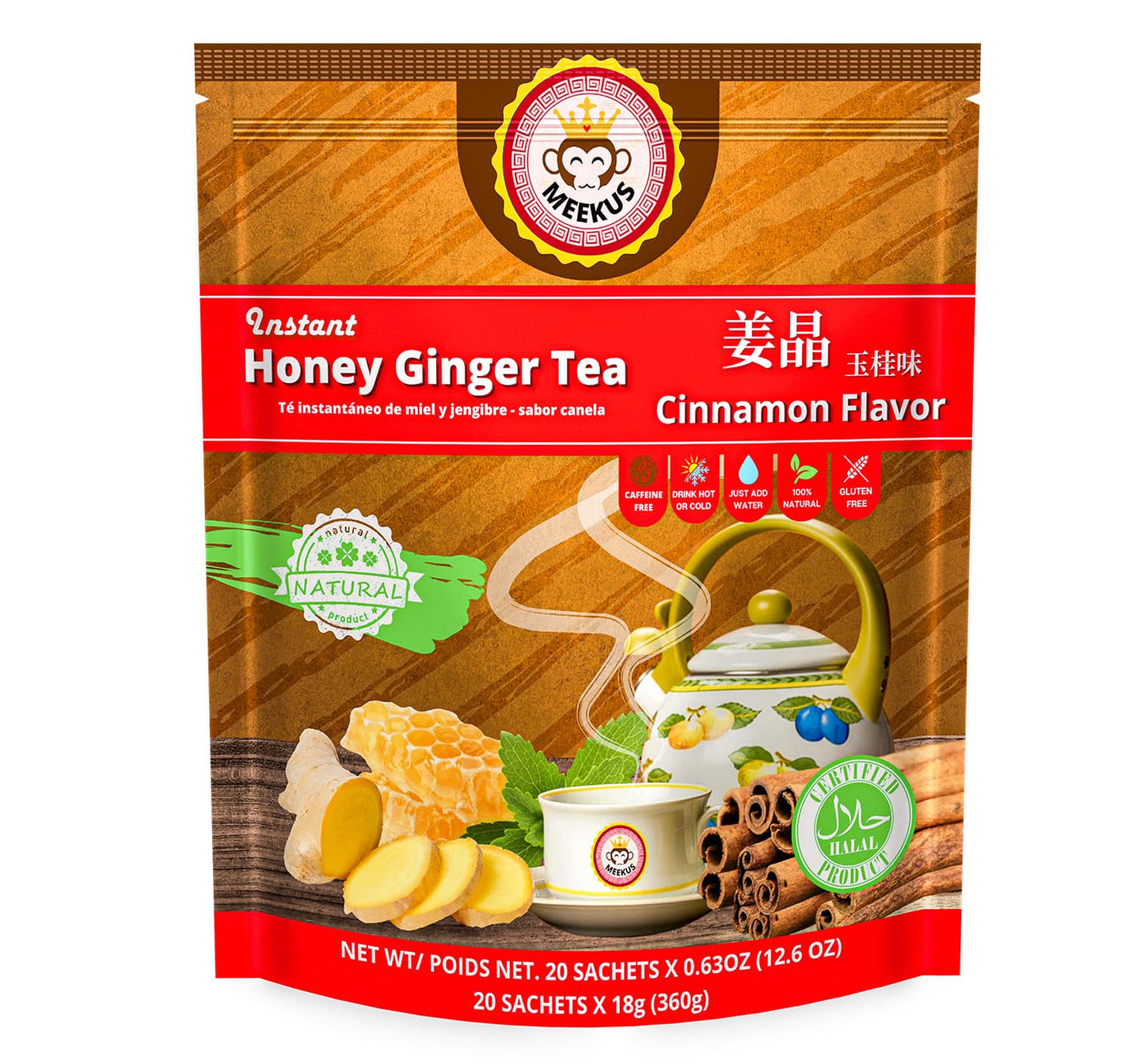 Meekus Premium Ginger Tea Bags & Crystals - Instant Honey Ginger Tea Packets, 18g x 20 Sachets (Cinnamon, 1 Pack)