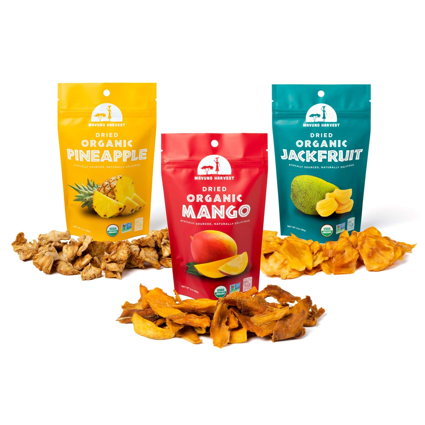 Mavuno Harvest Organic Dried Fruit Variety Pack | Dried Mango  Pineapple  and Jackfruit | Healthy  Vegan  No Sugar Added  Non GMO Snacks for Kids & mature-themeds | 2 Ounce  Pack of 3