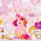 Boho Cake Topper Flower Palm Leaves Cake Decorations For Bohemian Wedding Baby Shower Birthday Party Supplies (Hot Pink)