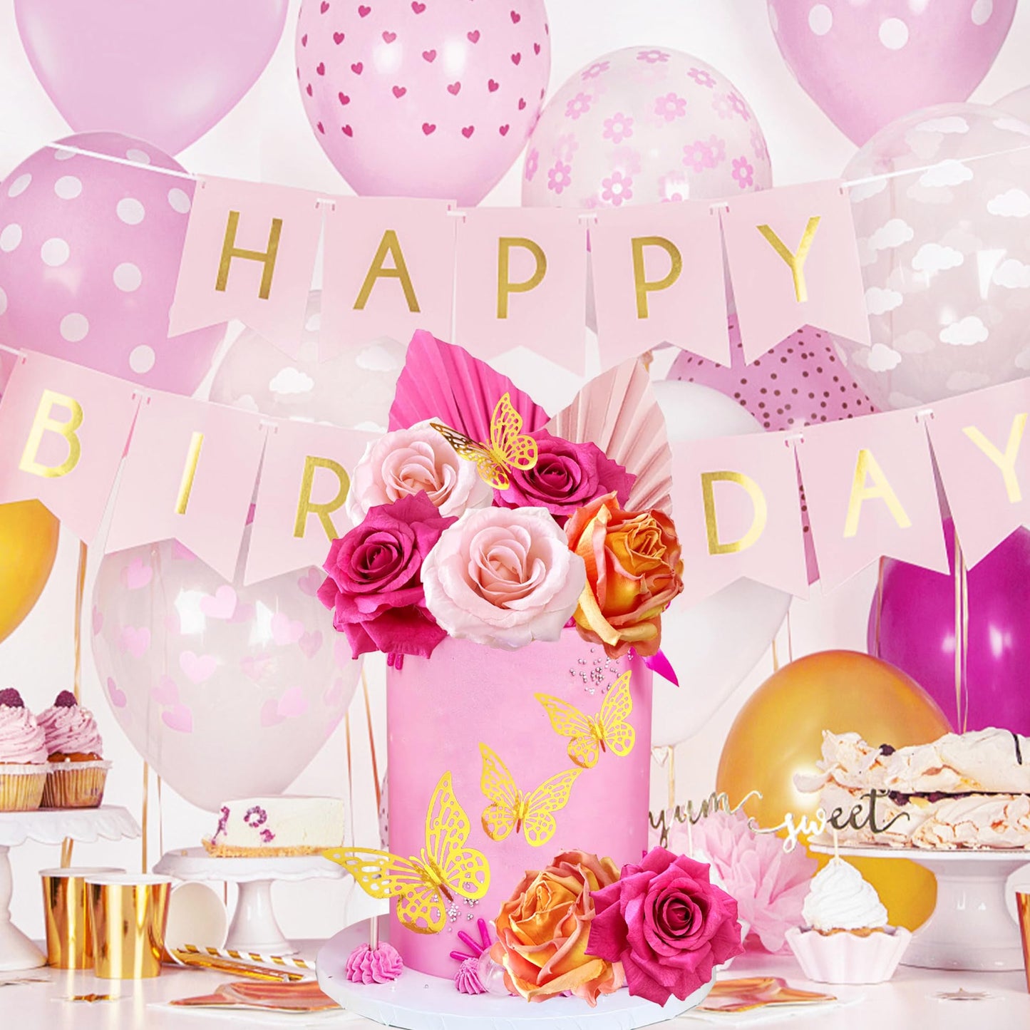 Boho Cake Topper Flower Palm Leaves Cake Decorations For Bohemian Wedding Baby Shower Birthday Party Supplies (Hot Pink)