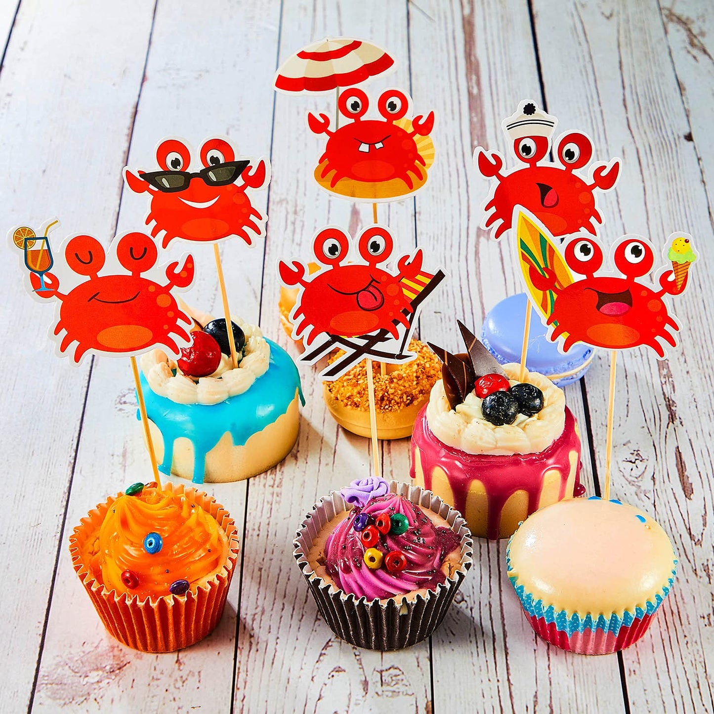 Outus Crab Cake Topper Set, 43 Pieces, Red Ocean Beach Animals Birthday Party Decorations, Model Outus-18393