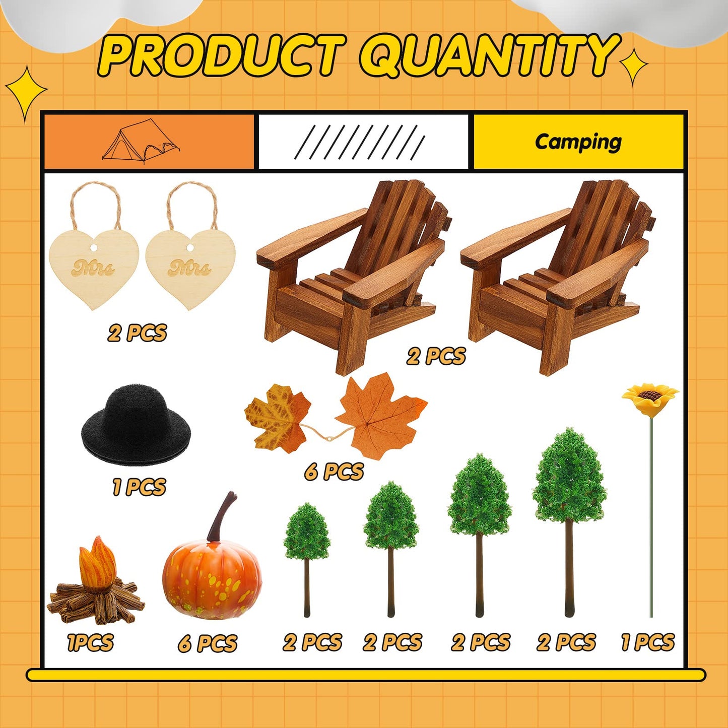 Qunclay 27 Pcs Adirondack Miniature Chair Cake Topper Set, Wood-toned/Autumn-leaf Red, Fall Theme Decorations for Weddings & Parties