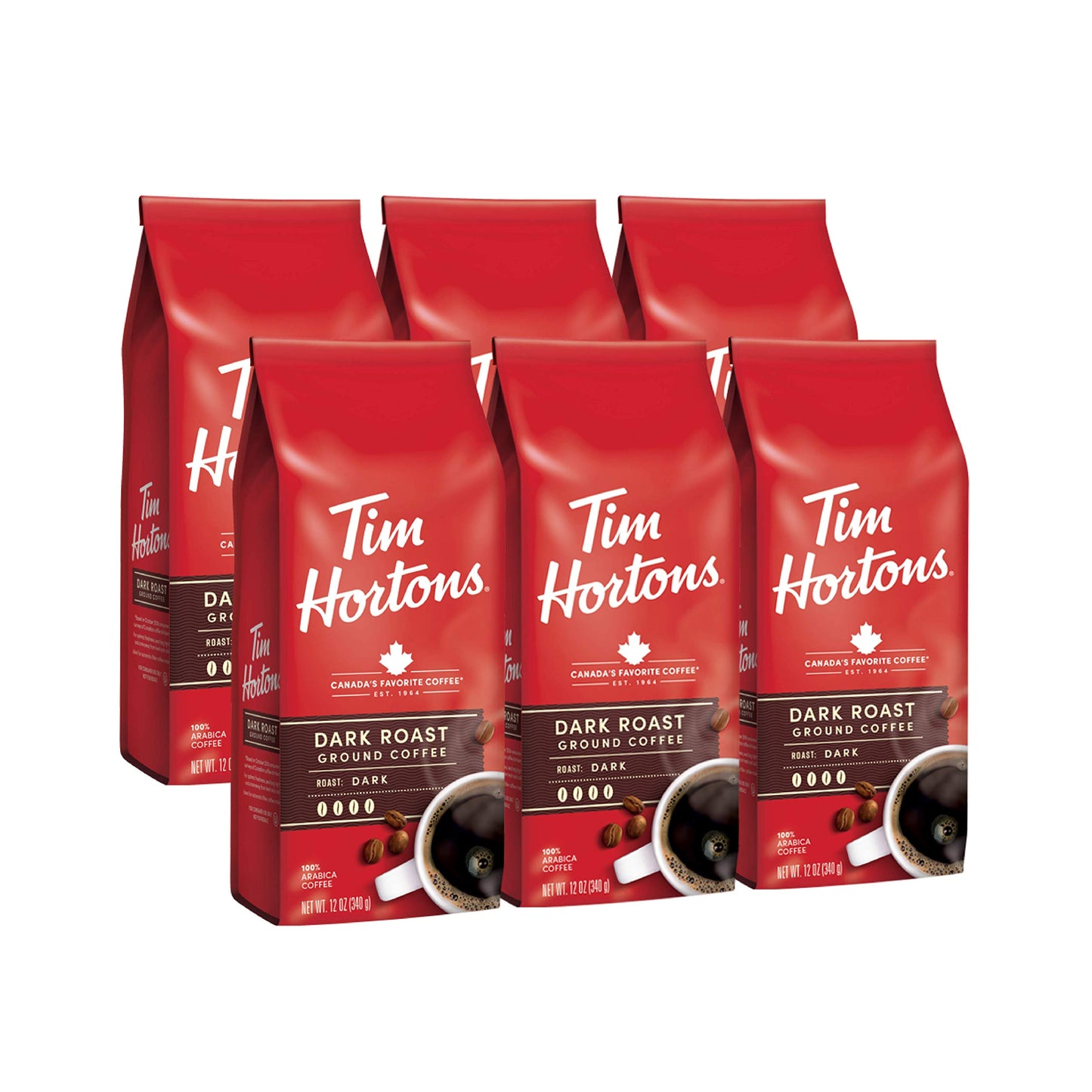 Tim Hortons Dark Roast Ground Coffee, 100% Arabica Beans, 12 Oz (Pack of 6), Rich & Smooth, Red