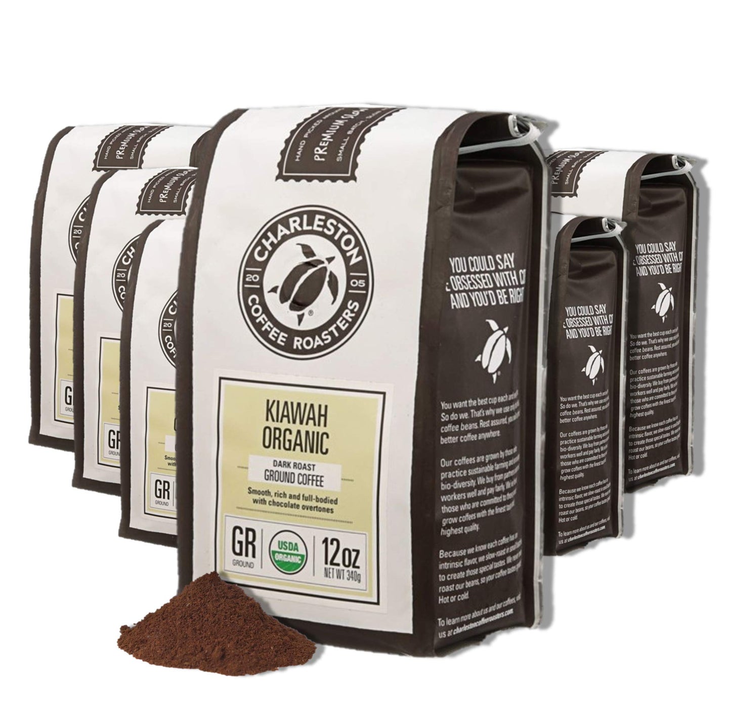 Charleston Coffee Roasters | Specialty Organic Ground Coffee | Hand Picked, Premium Slow Roast (Kiawah, Dark Roast) 12Oz, 6 Pack